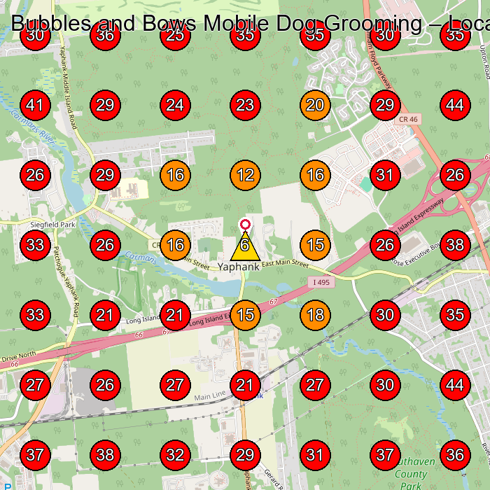 Bubbles and Bows Mobile Dog Grooming GeoGrid visibility map for Pet Groomer in Mastic